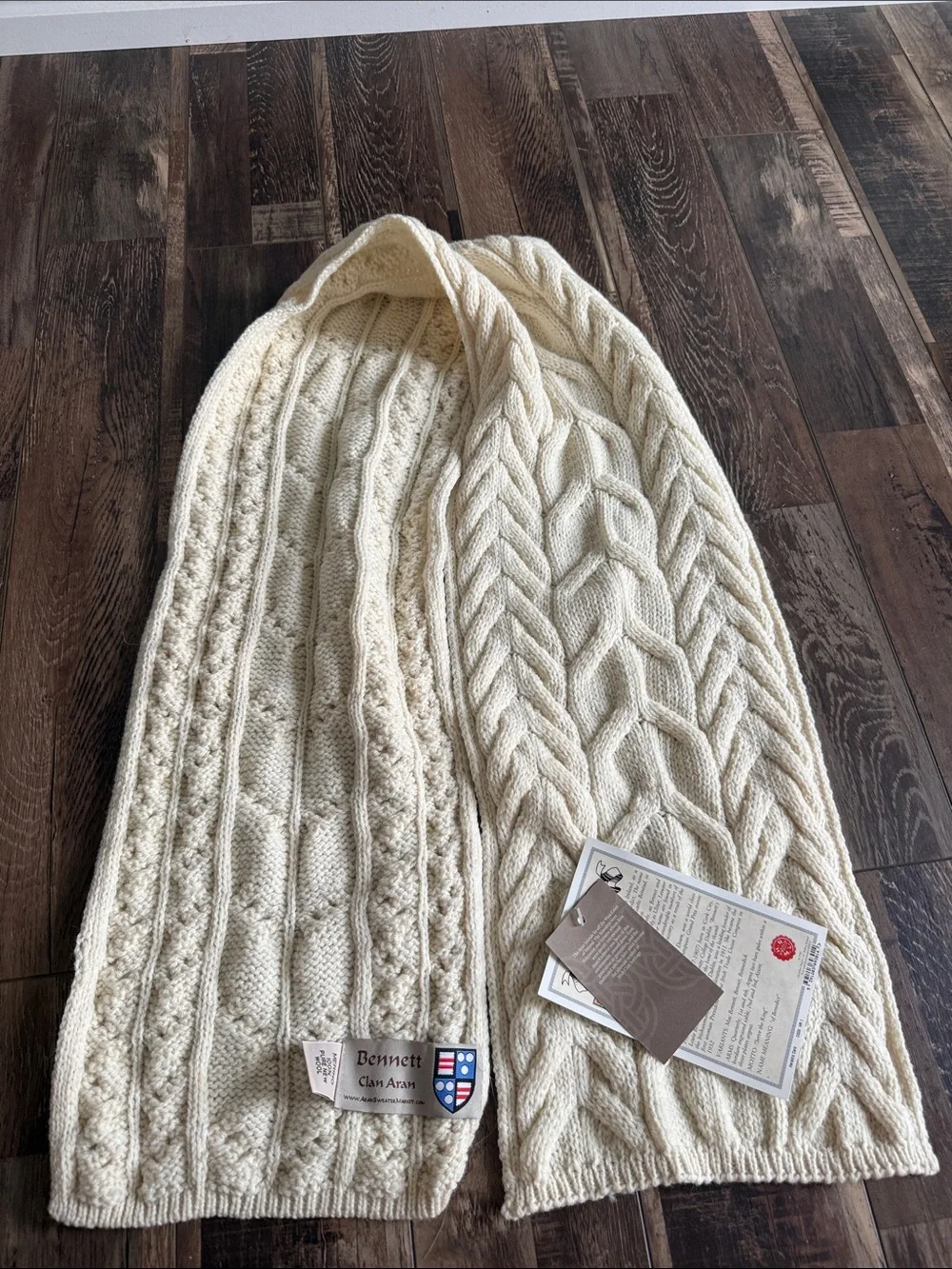 100 percent wool  Cream Cable Knit Scarf - Women